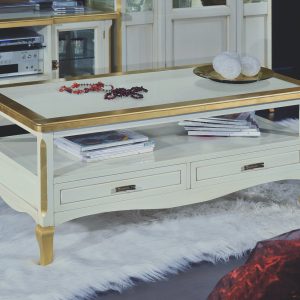 Artisanal classic wooden rectangular coffee table two drawers