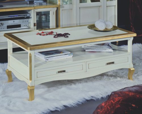 Artisanal classic wooden rectangular coffee table two drawers