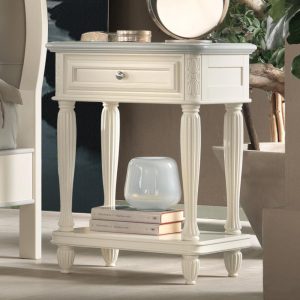 Classic artisanal wooden bedside table one drawer in white lacquered