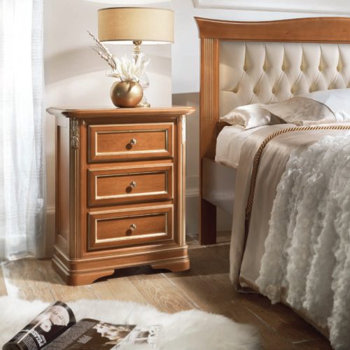 Classic artisanal wooden bedside table three drawers in walnut finish