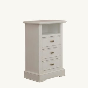 Classic wooden bedside table with three drawers in antique white lacquered