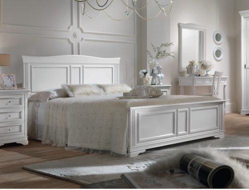 Classic wooden double bed in white lacquered