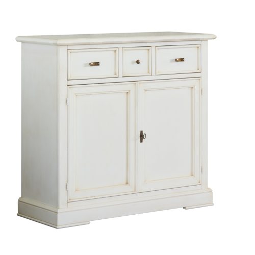 Credenza classica in legno due ante tre cassetti in laccato bianco anticato