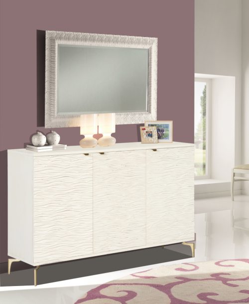 Credenza moderna tre ante decoro 3d di design laccato bianco piedini metallo