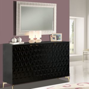 Credenza moderna tre ante di design nera con piedini in metallo dorati