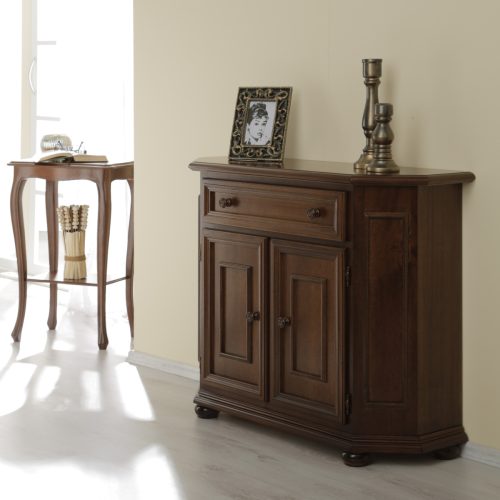 Credenza piccola scantonata classica in legno due ante un cassetto noce