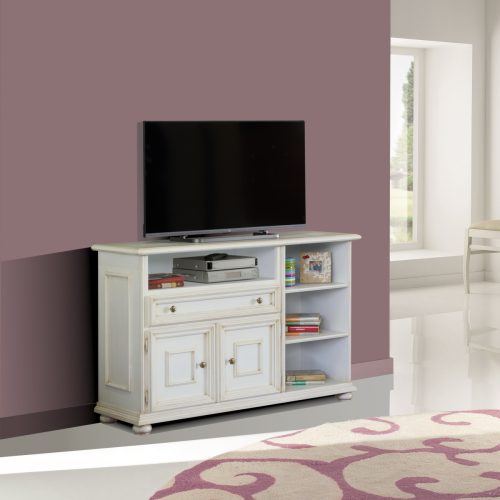 Credenza porta tv classica in legno due porte un cassetto vani laterali in laccato bianco anticato