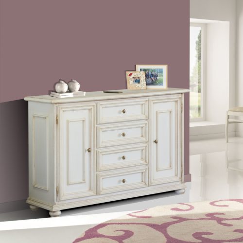 Credenza rustica in legno due porte quattro cassetti in laccato bianco anticato