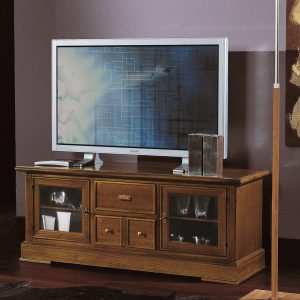 elegant classic wooden TV stand with two doors in walnut finish