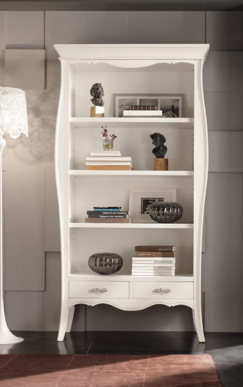 Large classic style shaped wooden bookcase two drawers in white lacquered