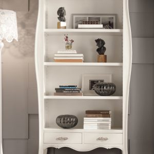 Libreria sagomata classica in legno con due cassetti in laccato bianco